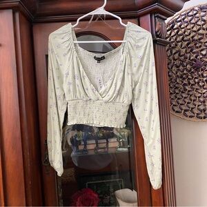 Kendall+Kylie Floral Long Sleeve Crop Peasant Top Women’s XS Smocked Cottage NWT